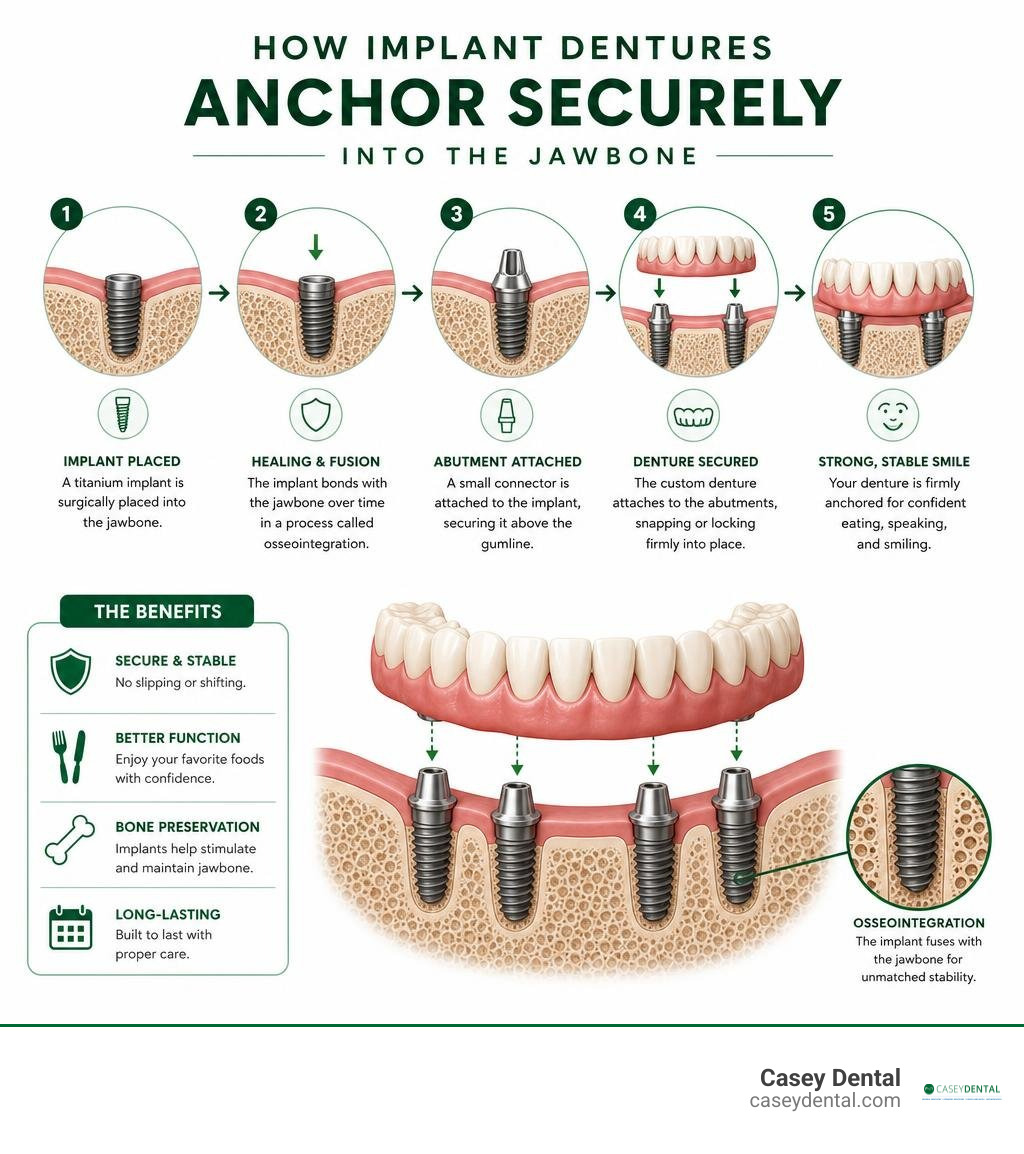 Overview of how implant dentures anchor securely into the jawbone infographic