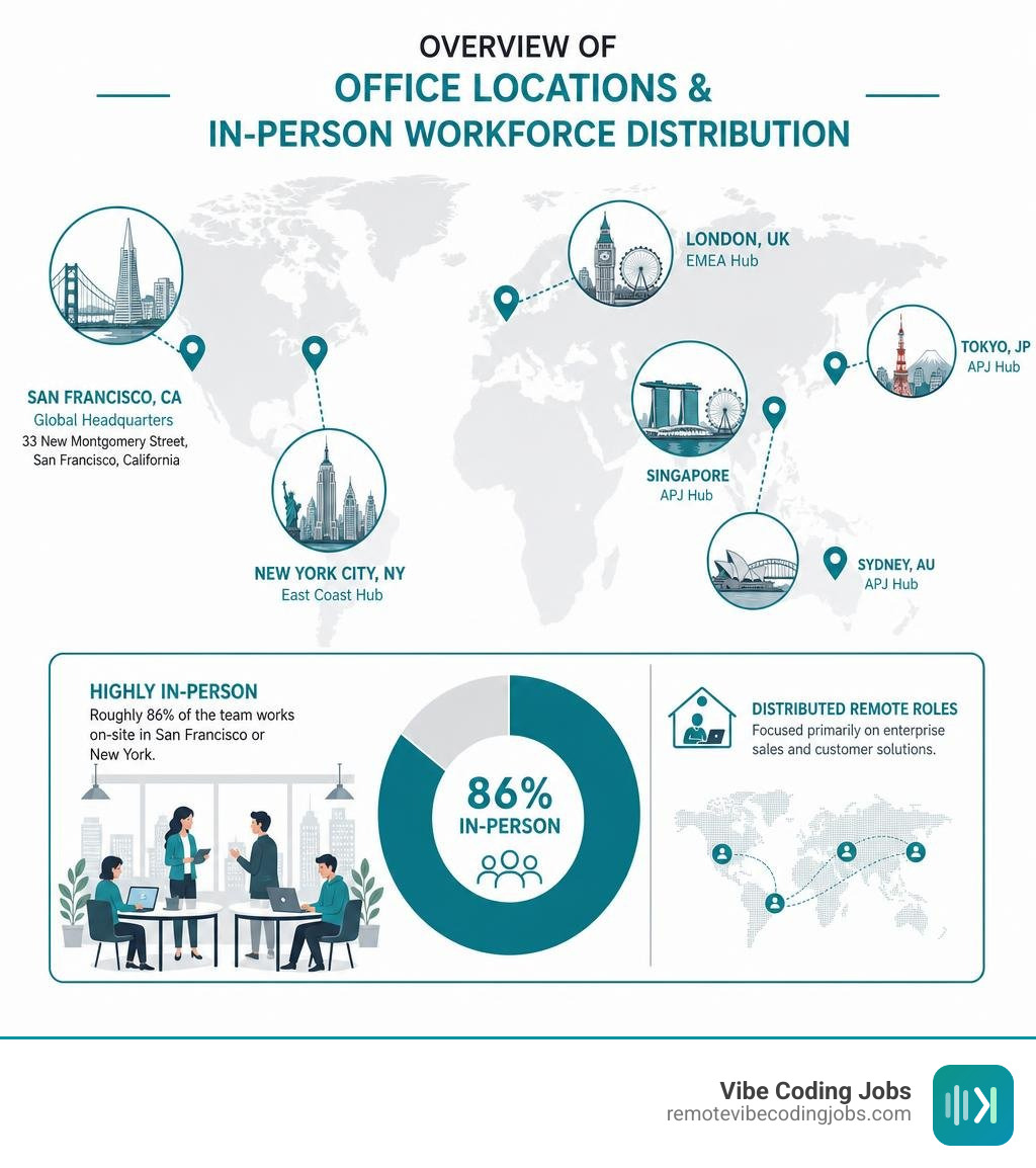 Overview of Cursor office locations and in-person workforce distribution infographic