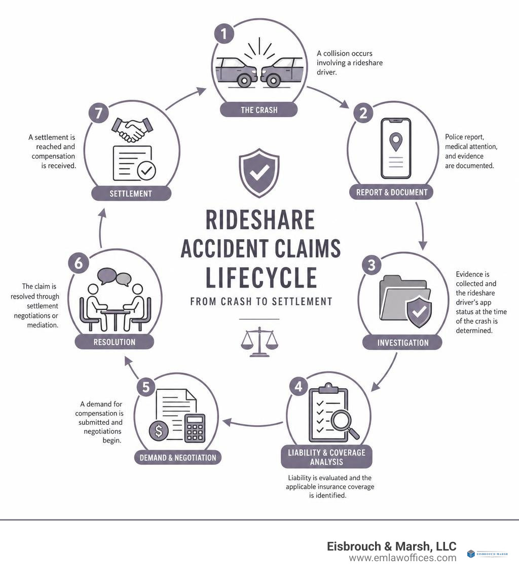 Rideshare accident claims lifecycle from crash to settlement infographic Rideshare accident claims lifecycle from crash to settlement infographic