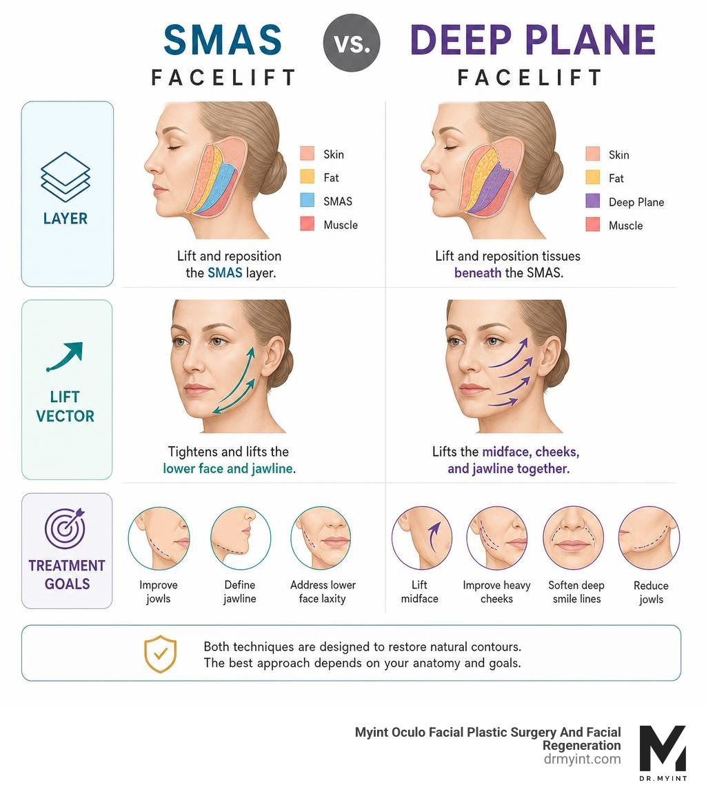 Infographic comparing SMAS and deep plane facelift layers, lift vectors, and treatment goals infographic