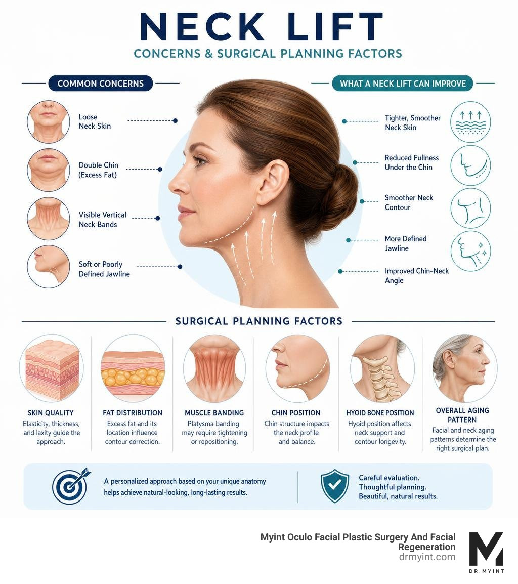 Neck lift concerns and surgical planning factors infographic