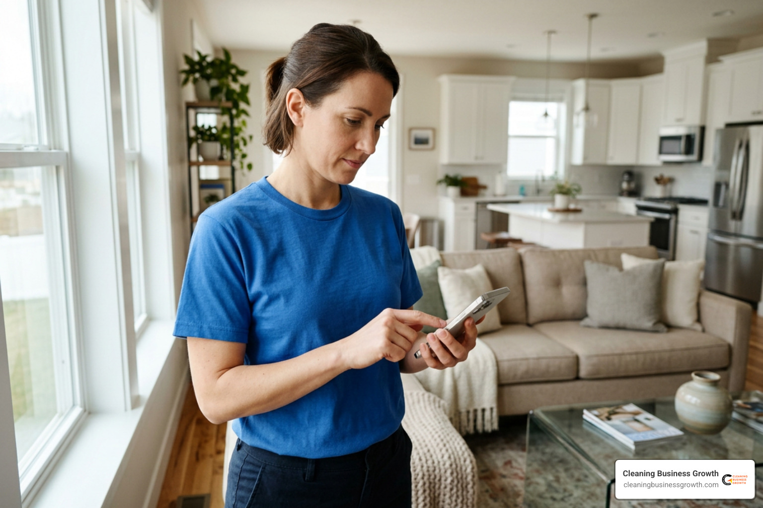 Professional cleaner using automated booking and quote software on a smartphone Professional cleaner using automated booking and quote software on a smartphone