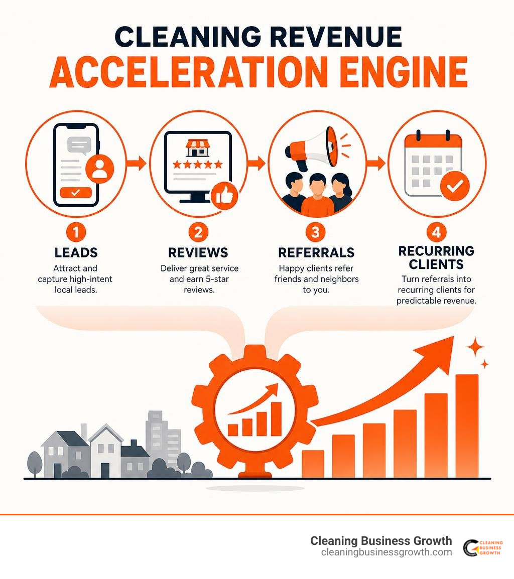 Cleaning revenue acceleration engine with leads reviews referrals recurring clients infographic Cleaning revenue acceleration engine with leads reviews referrals recurring clients infographic