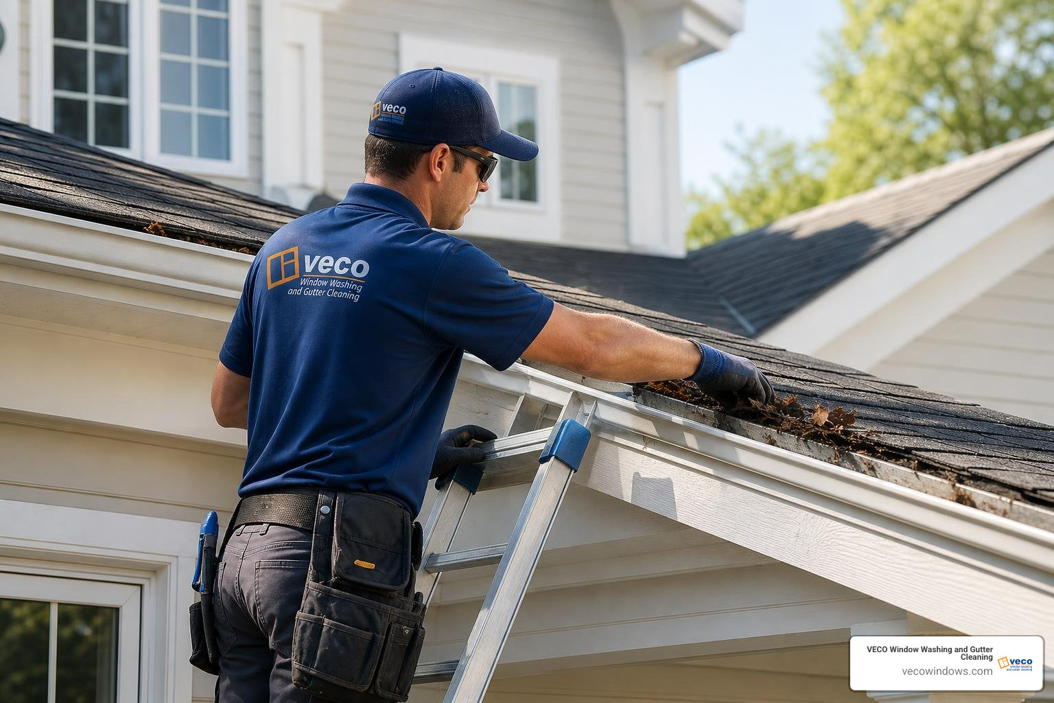 technician safely clearing debris from roof line technician safely clearing debris from roof line