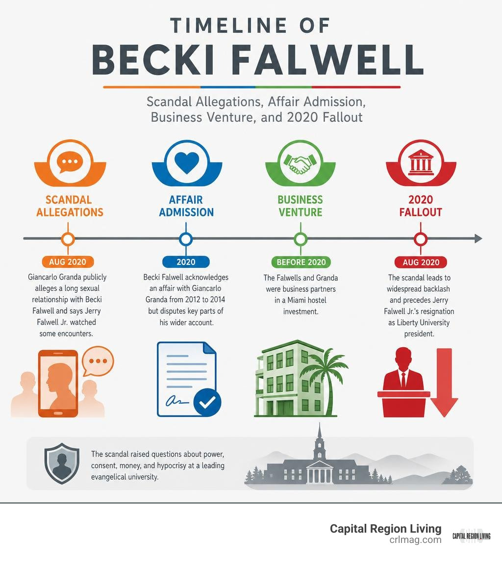 Timeline of Becki Falwell scandal allegations, affair admission, business venture, and 2020 fallout infographic Timeline of Becki Falwell scandal allegations, affair admission, business venture, and 2020 fallout infographic
