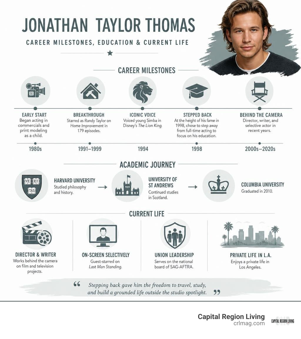 Overview of Jonathan Taylor Thomas career milestones, education, and current life infographic Overview of Jonathan Taylor Thomas career milestones, education, and current life infographic