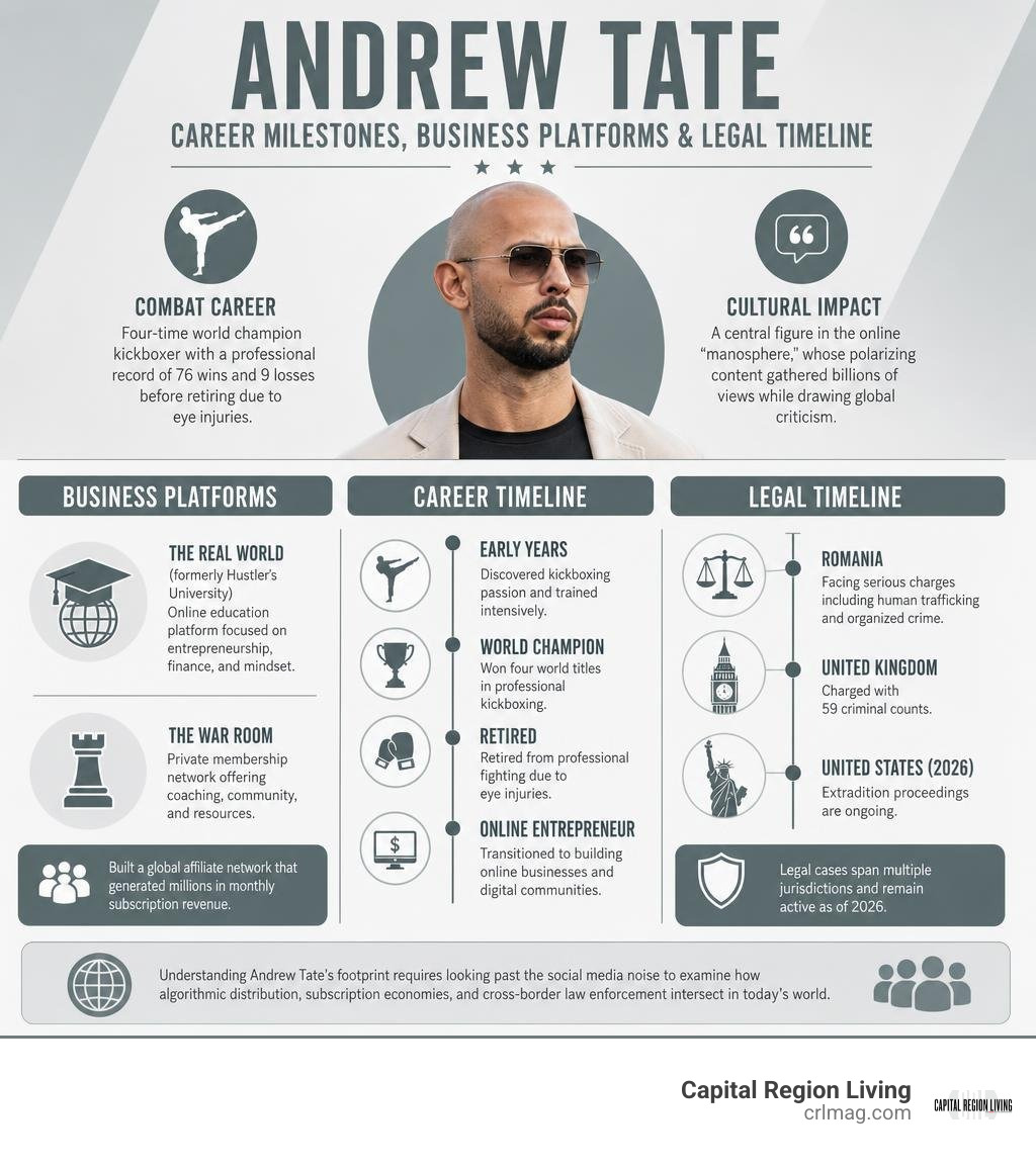 Overview of Andrew Tate career milestones business platforms and legal timeline infographic Overview of Andrew Tate career milestones business platforms and legal timeline infographic