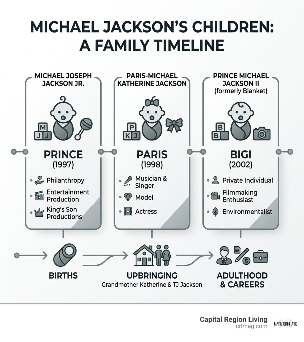 Michael Jackson children family timeline: Prince 1997, Paris 1998, Bigi 2002 infographic