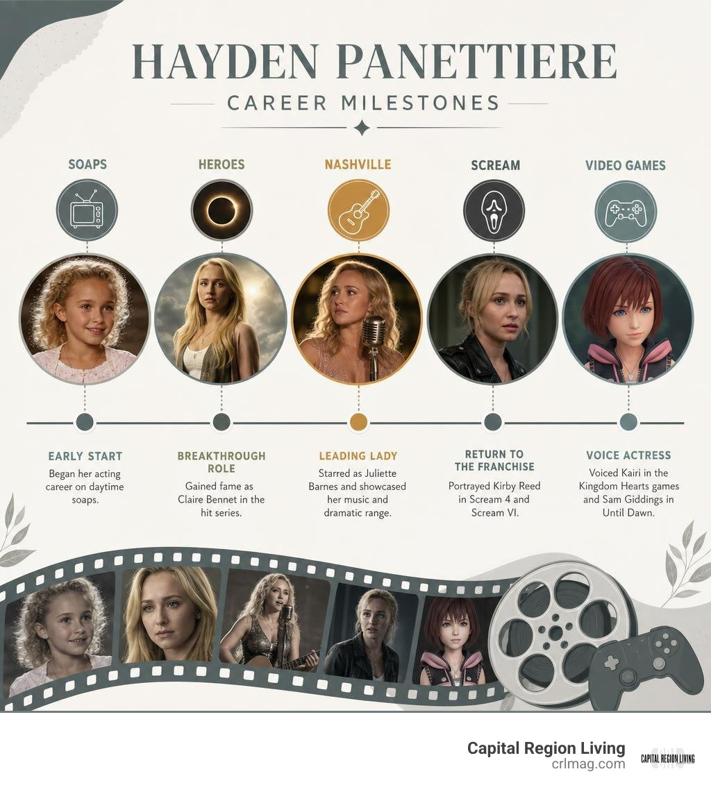 Hayden Panettiere career milestones: soaps, Heroes, Nashville, Scream, video games infographic