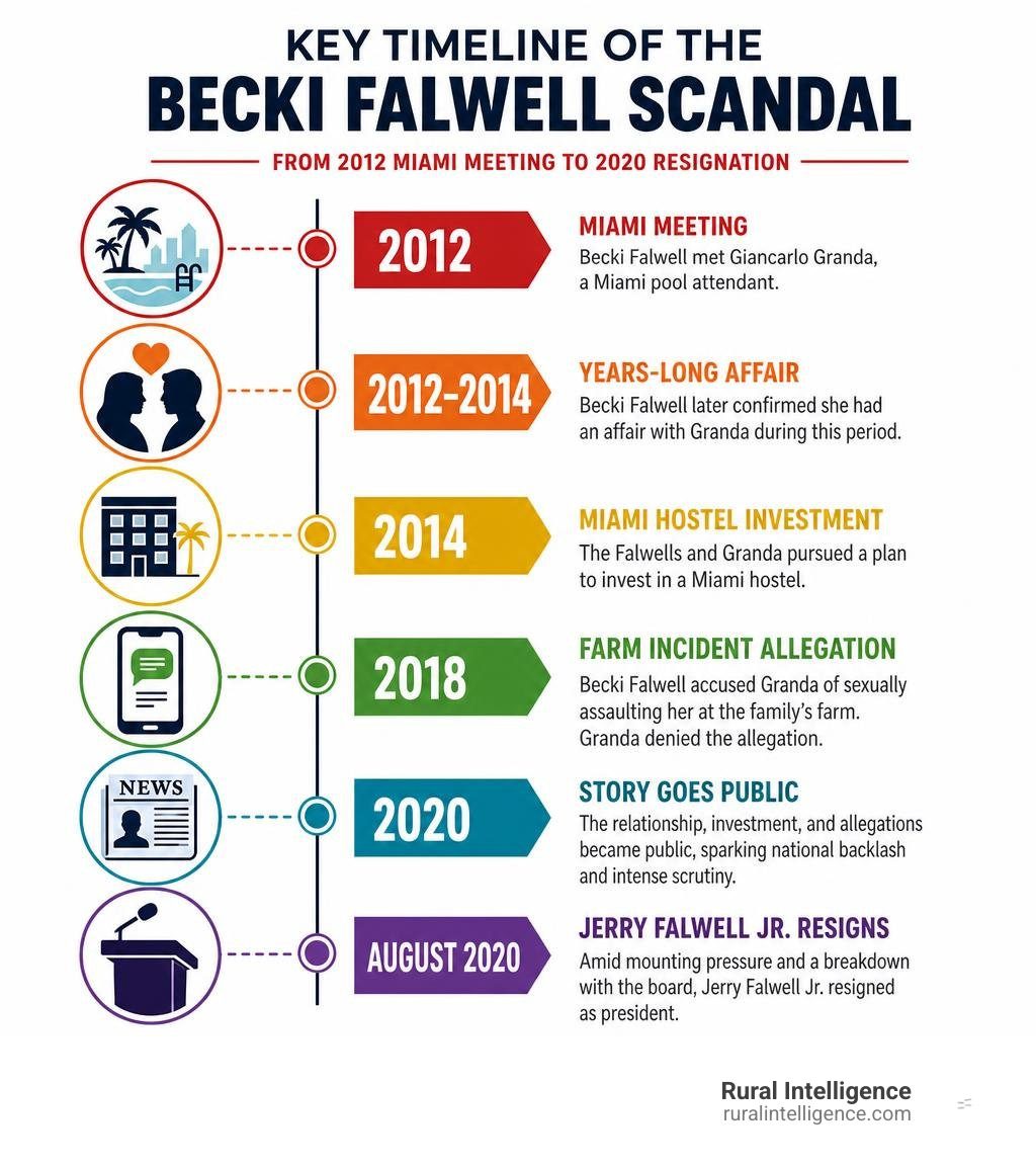 Key timeline of the Becki Falwell scandal, from 2012 Miami meeting to 2020 resignation infographic