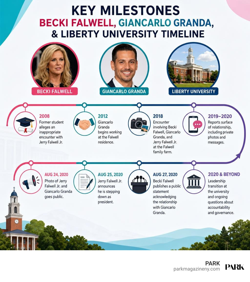 Key milestones in Becki Falwell, Giancarlo Granda, and Liberty University timeline infographic Key milestones in Becki Falwell, Giancarlo Granda, and Liberty University timeline infographic