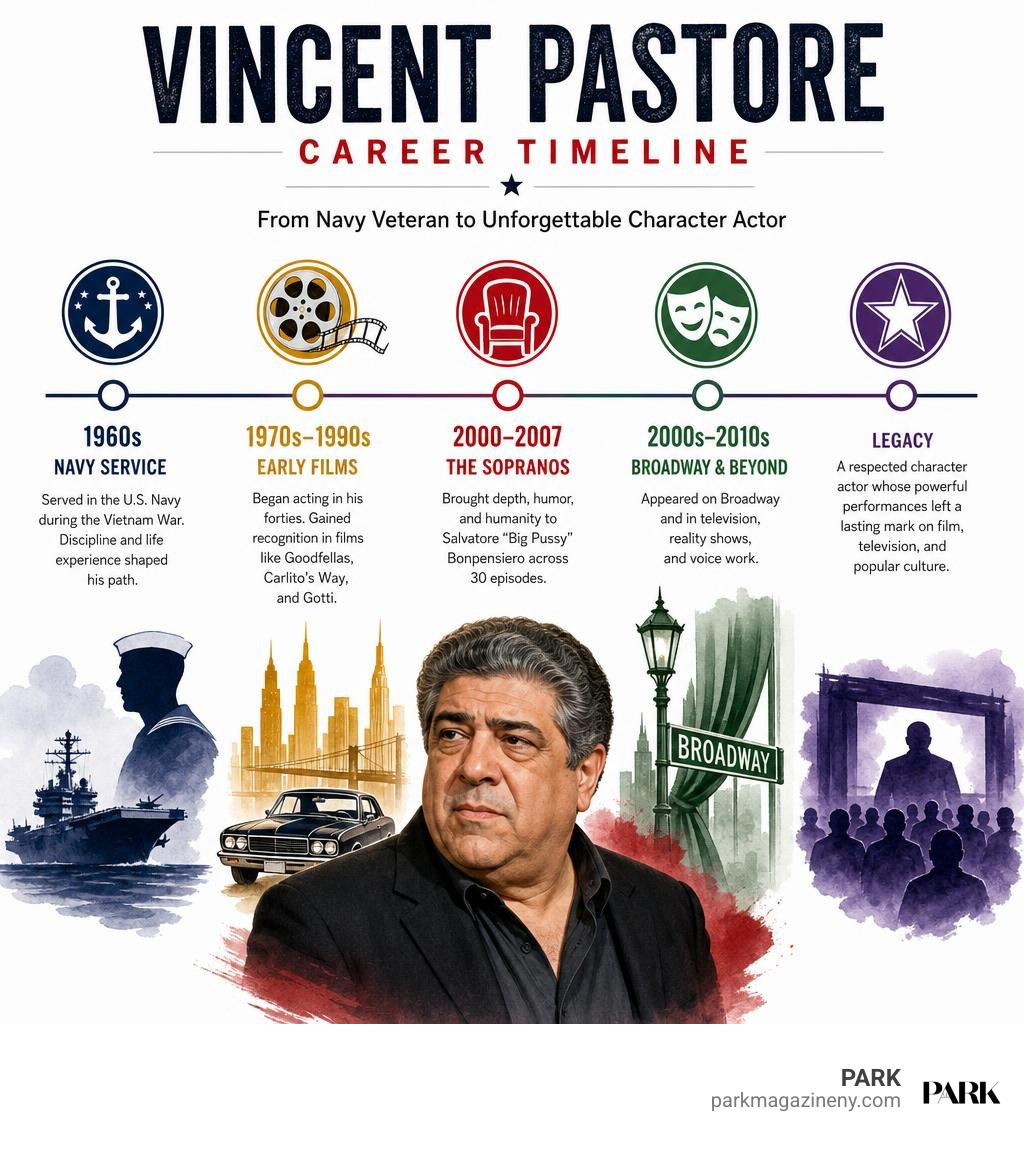 Vincent Pastore career timeline: Navy service, early films, The Sopranos, Broadway and legacy infographic