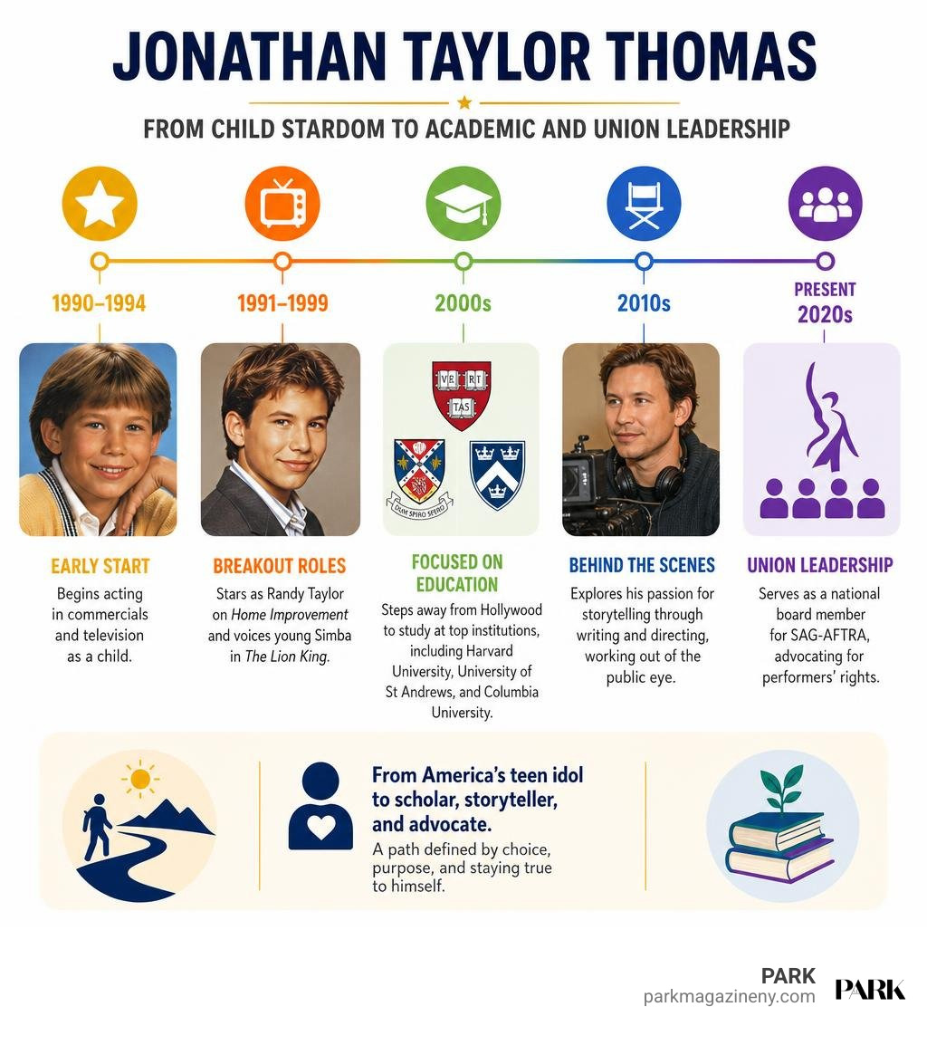 Jonathan Taylor Thomas career timeline from child stardom to academic and union leadership infographic Jonathan Taylor Thomas career timeline from child stardom to academic and union leadership infographic