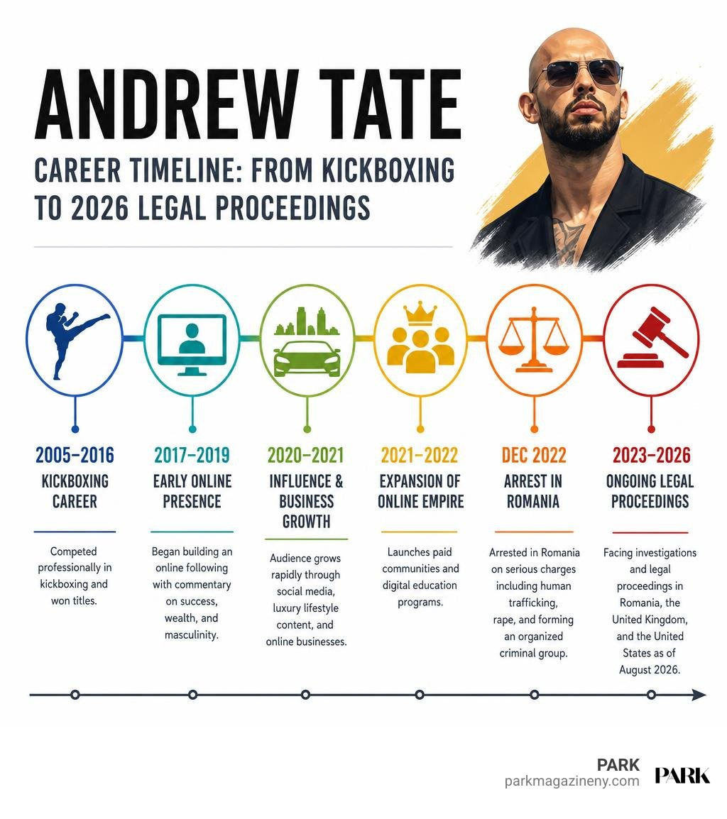 Andrew Tate career timeline from kickboxing to 2026 legal proceedings infographic