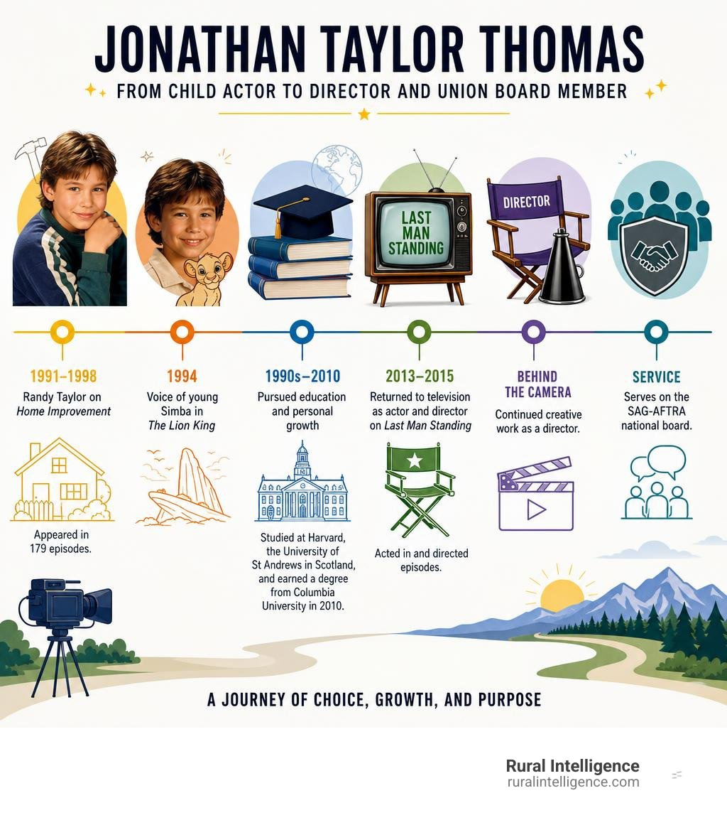 Jonathan Taylor Thomas career timeline from child actor to director and union board member infographic Jonathan Taylor Thomas career timeline from child actor to director and union board member infographic