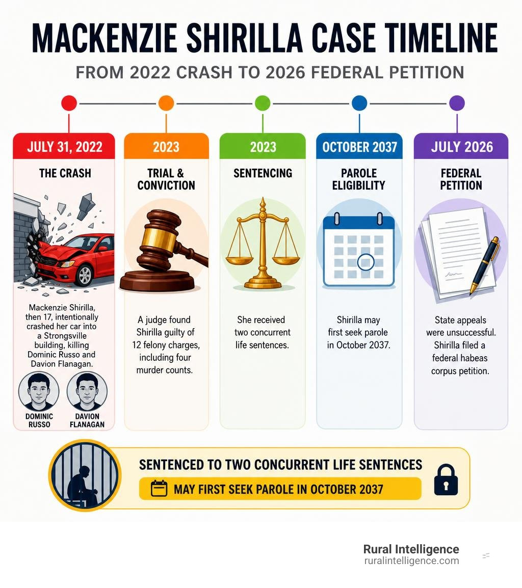 Mackenzie Shirilla case timeline from 2022 crash to 2026 federal petition infographic Mackenzie Shirilla case timeline from 2022 crash to 2026 federal petition infographic