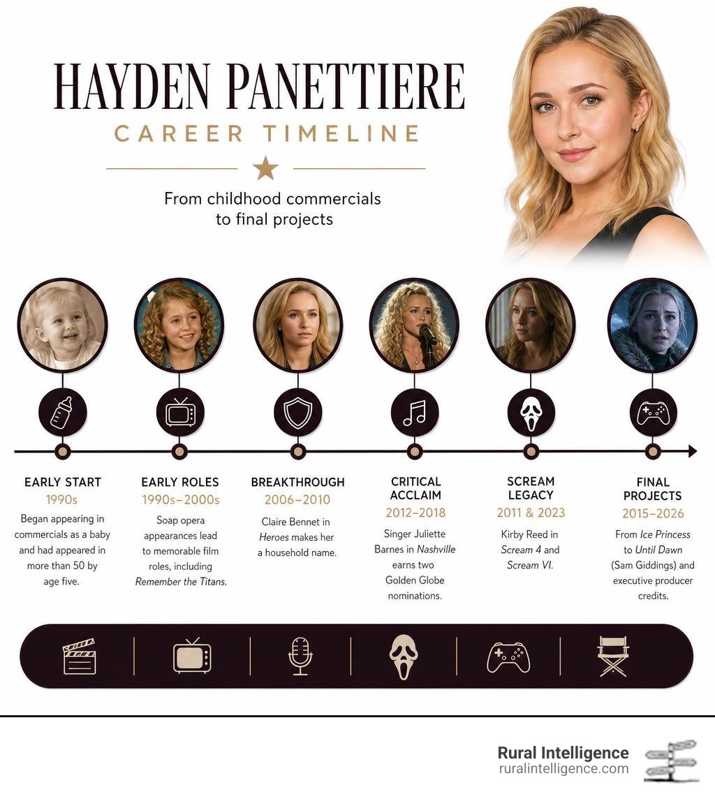 Hayden Panettiere career timeline from childhood commercials to final projects infographic