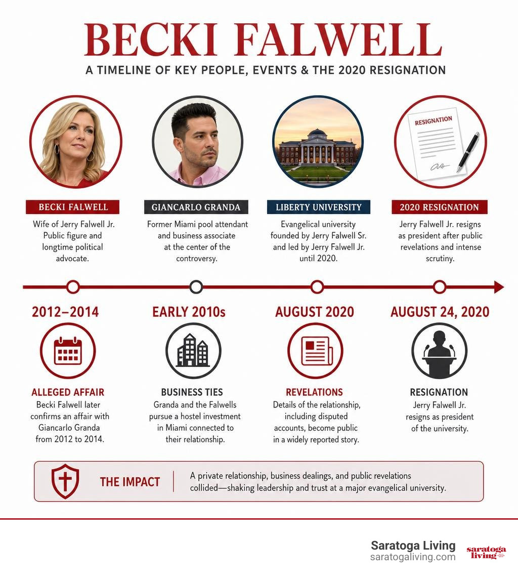 Timeline infographic of Becki Falwell, Granda, Liberty University, and the 2020 resignation infographic