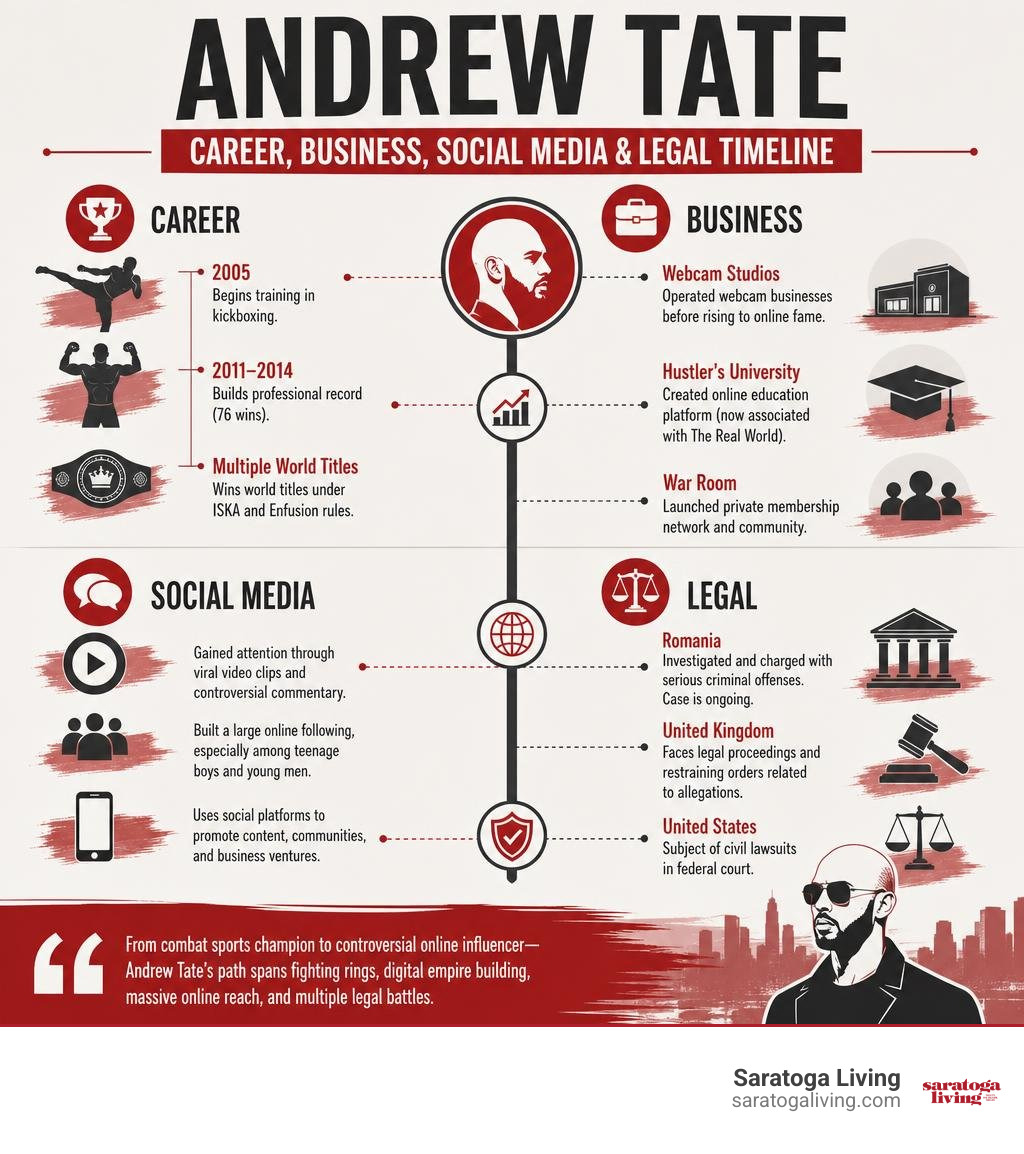 Andrew Tate career, business, social media and legal timeline infographic Andrew Tate career, business, social media and legal timeline infographic