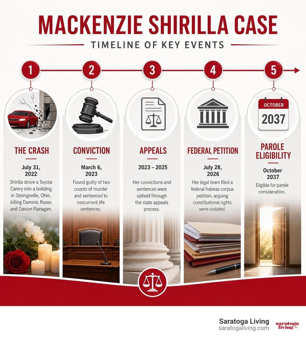 Timeline of the crash, conviction, appeals, federal petition and 2037 parole eligibility infographic