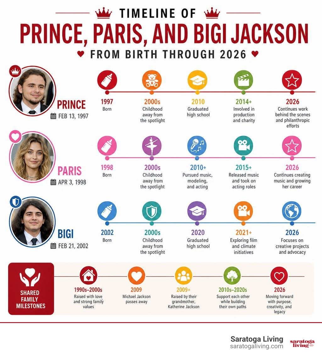 Timeline of Prince, Paris, and Bigi Jackson from birth through 2026 infographic Timeline of Prince, Paris, and Bigi Jackson from birth through 2026 infographic