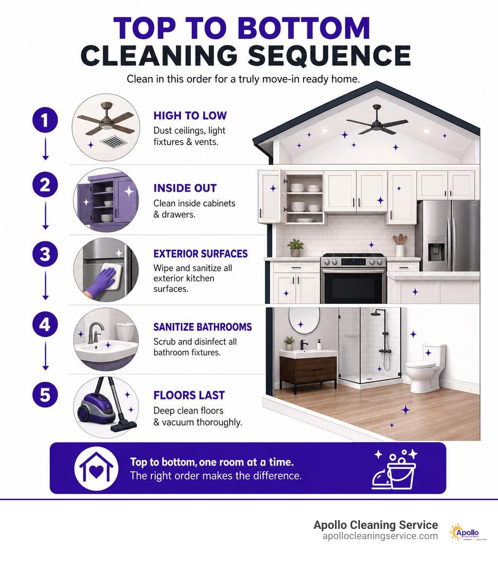 top to bottom cleaning sequence infographic featuring doors and baseboards with no windows or tracks step infographic