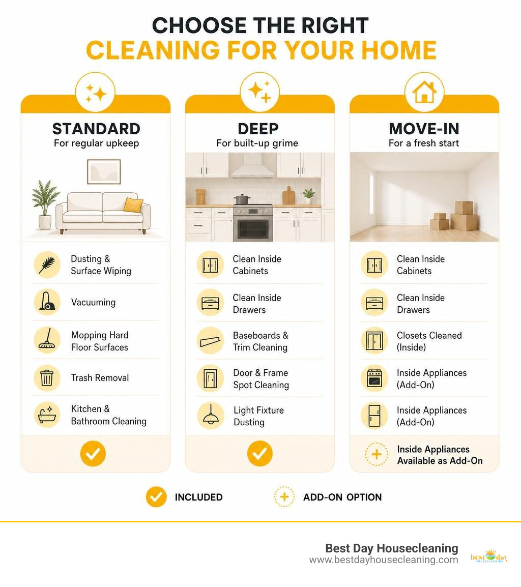 Infographic showing standard, deep, and move-in home cleaning service scopes with no window or track references, cabinets Infographic showing standard, deep, and move-in home cleaning service scopes with no window or track references, cabinets