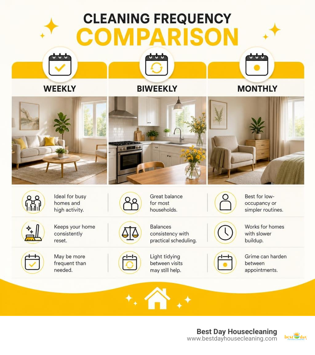Comparison diagram showing weekly biweekly and monthly cleaning frequency options without pricing infographic Comparison diagram showing weekly biweekly and monthly cleaning frequency options without pricing infographic