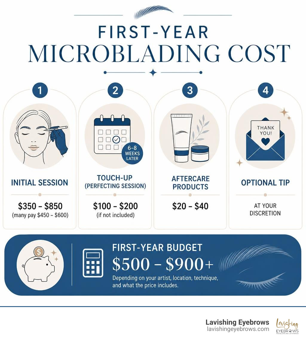 First-year microblading cost: initial session, touch-up, aftercare, and optional tip infographic