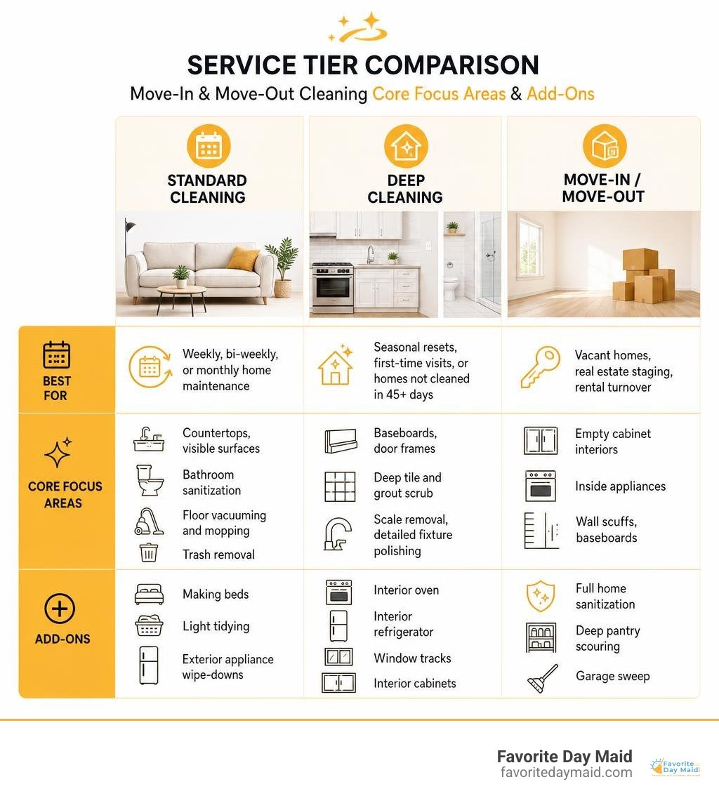 Service tier comparison showing move-in and move-out cleaning core focus areas and add-ons infographic Service tier comparison showing move-in and move-out cleaning core focus areas and add-ons infographic