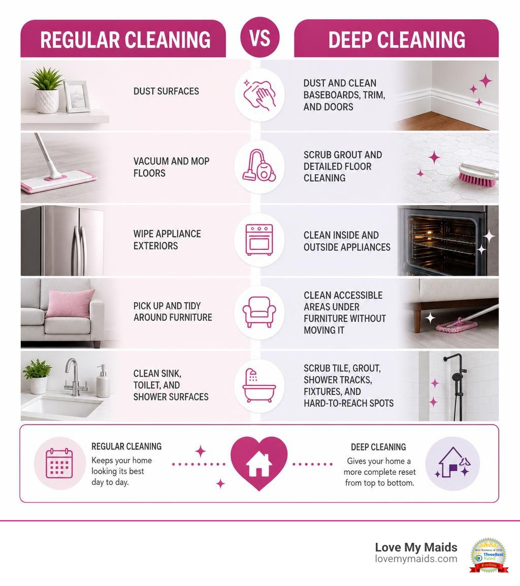 Infographic comparing regular cleaning and deep cleaning tasks, noting outside appliance cleaning and accessible cleaning Infographic comparing regular cleaning and deep cleaning tasks, noting outside appliance cleaning and accessible cleaning