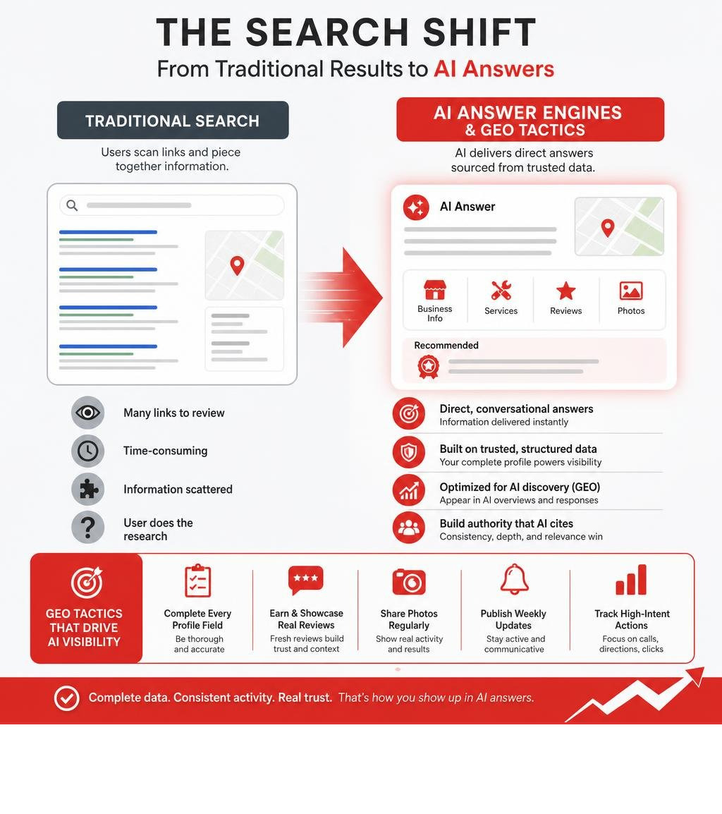 Shift from traditional search results to AI answer engines and GEO tactics infographic Shift from traditional search results to AI answer engines and GEO tactics infographic
