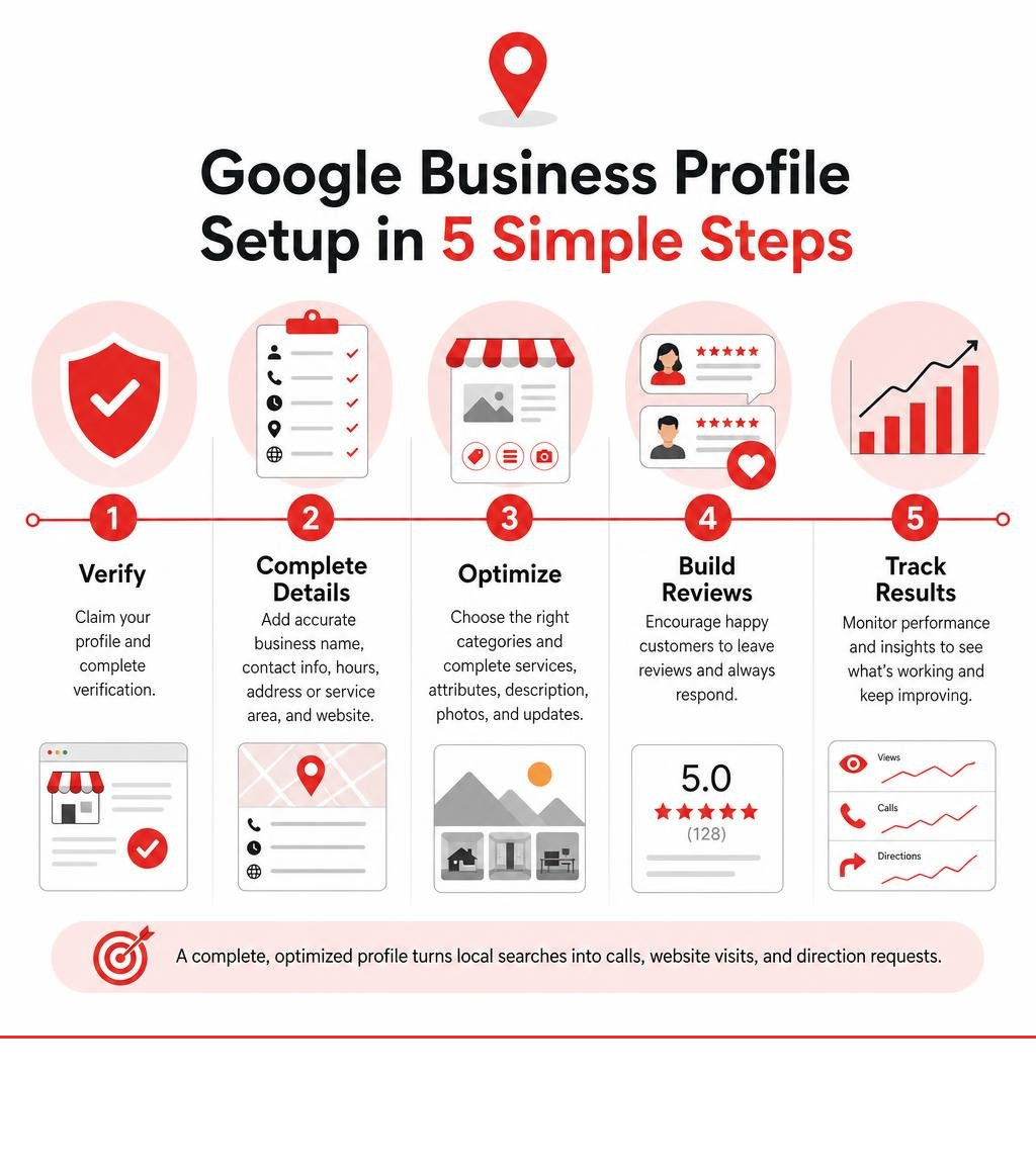 Google Business Profile setup infographic: verify, complete details, optimize, build reviews, track results infographic Google Business Profile setup infographic: verify, complete details, optimize, build reviews, track results infographic