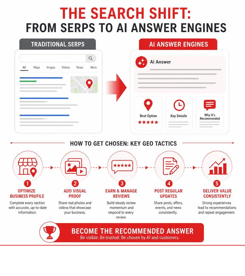Infographic showing the shift from traditional SERPs to AI answer engines with key GEO tactics infographic Infographic showing the shift from traditional SERPs to AI answer engines with key GEO tactics infographic