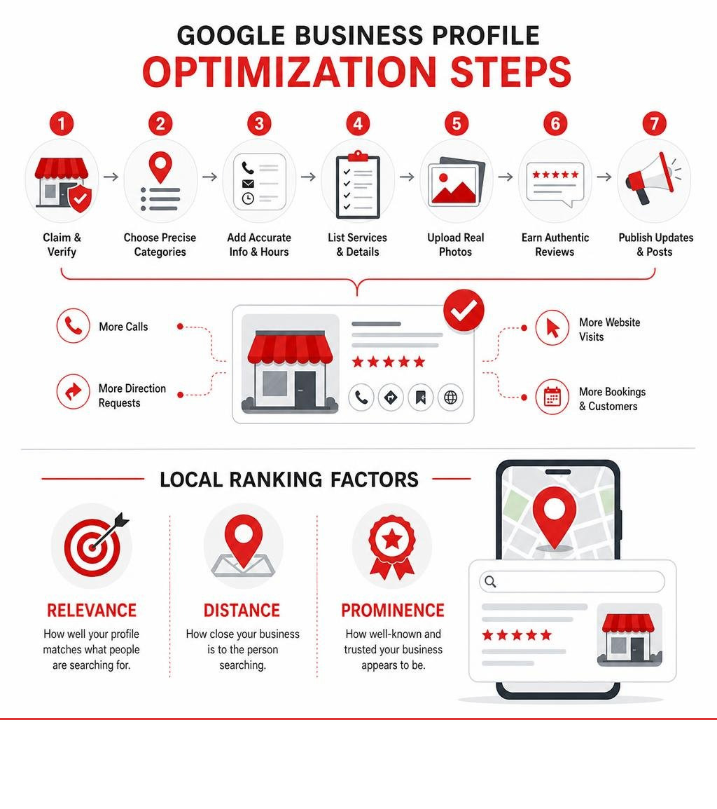 Infographic showing Google Business Profile optimization steps and local ranking factors infographic Infographic showing Google Business Profile optimization steps and local ranking factors infographic