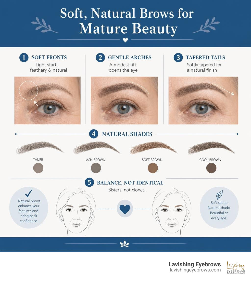 infographic showing soft mature brow fronts gentle arches tapered tails and natural shades infographic infographic showing soft mature brow fronts gentle arches tapered tails and natural shades infographic
