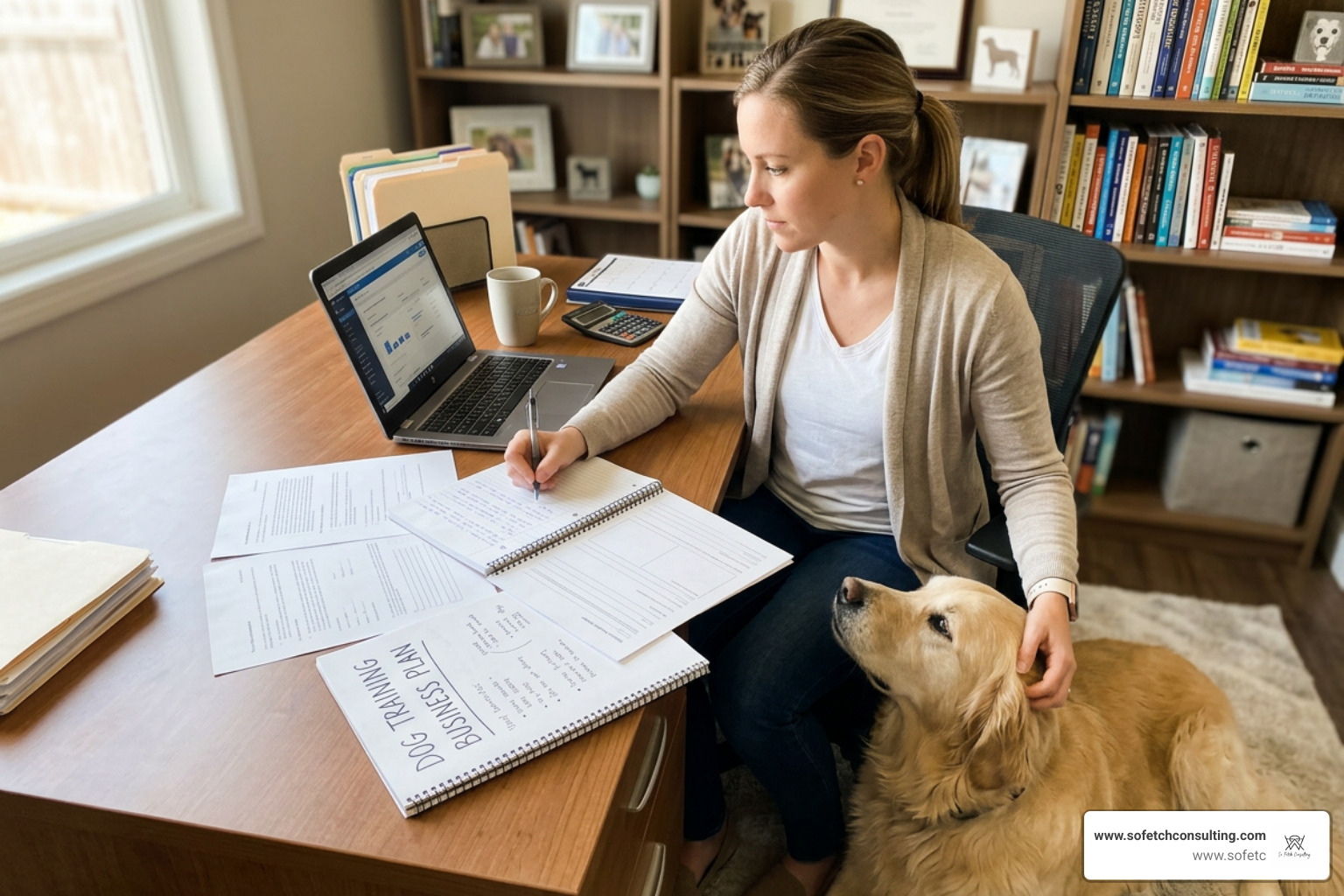Dog business owner mapping out a business plan and budget on a laptop Dog business owner mapping out a business plan and budget on a laptop