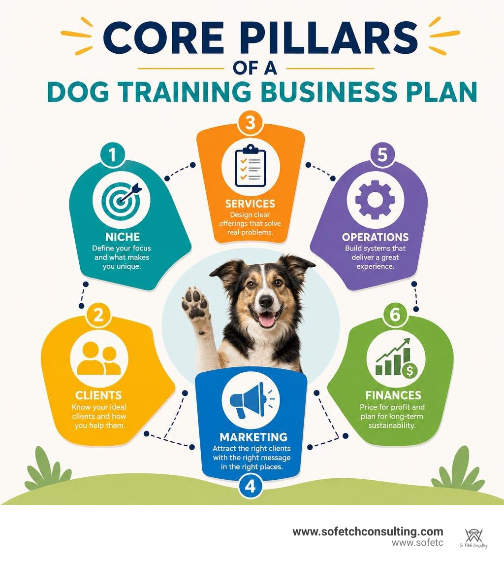 Core pillars of a dog training business plan: niche, clients, services, marketing, operations, and finances infographic Core pillars of a dog training business plan: niche, clients, services, marketing, operations, and finances infographic