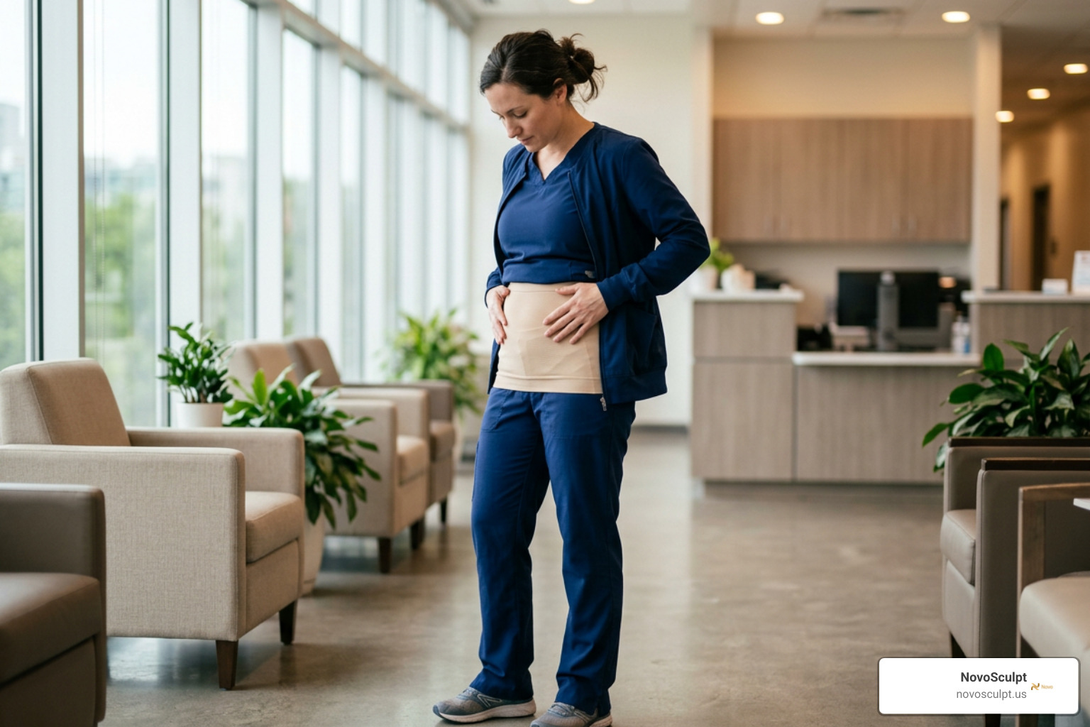 Patient wearing medical-grade abdominal compression garment