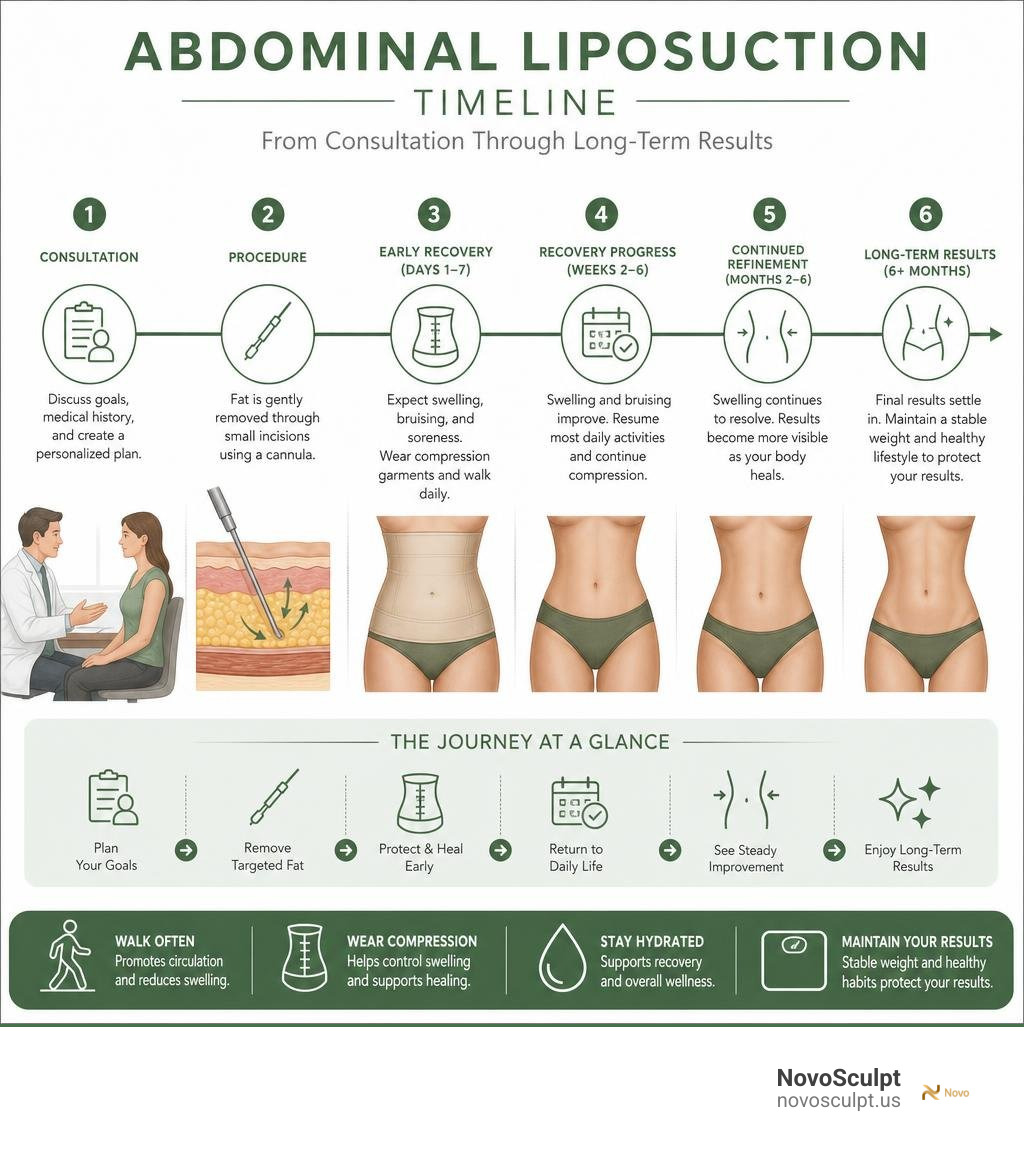 Abdominal liposuction timeline from consultation through long-term results infographic