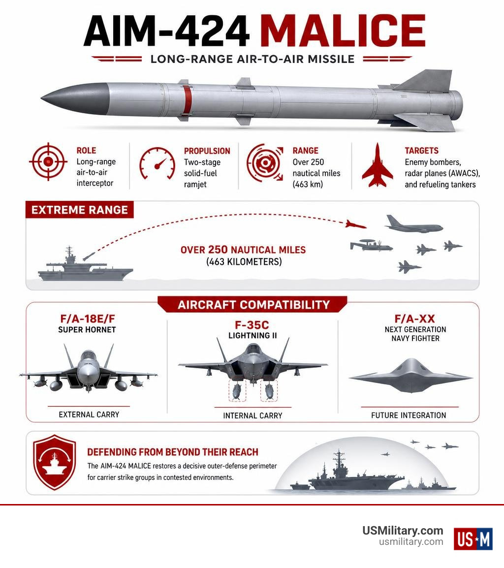 Infographic showing AIM-424 Malice specifications, range, and aircraft compatibility infographic Infographic showing AIM-424 Malice specifications, range, and aircraft compatibility infographic