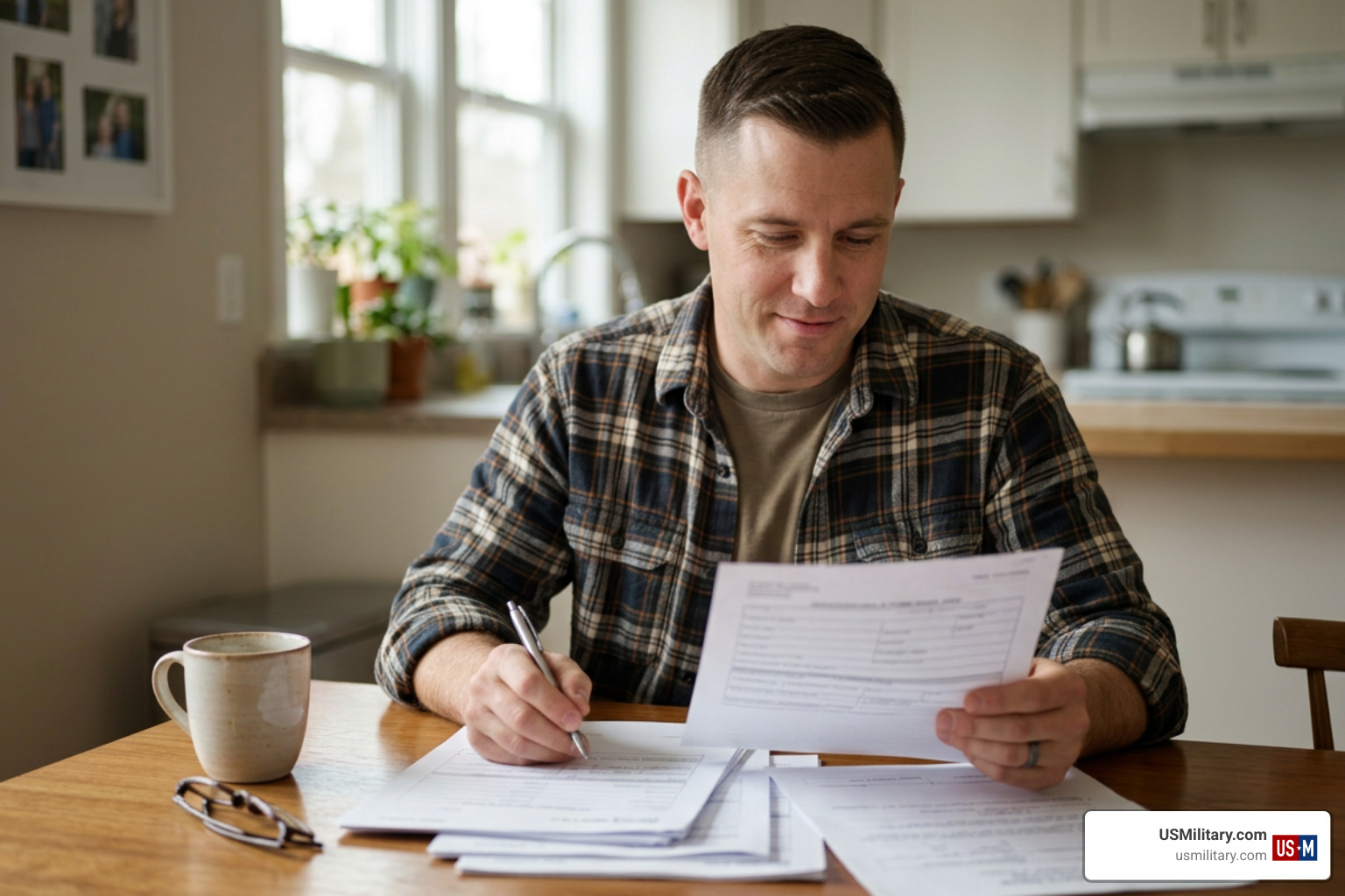Army veteran reviewing VA disability paperwork Army veteran reviewing VA disability paperwork