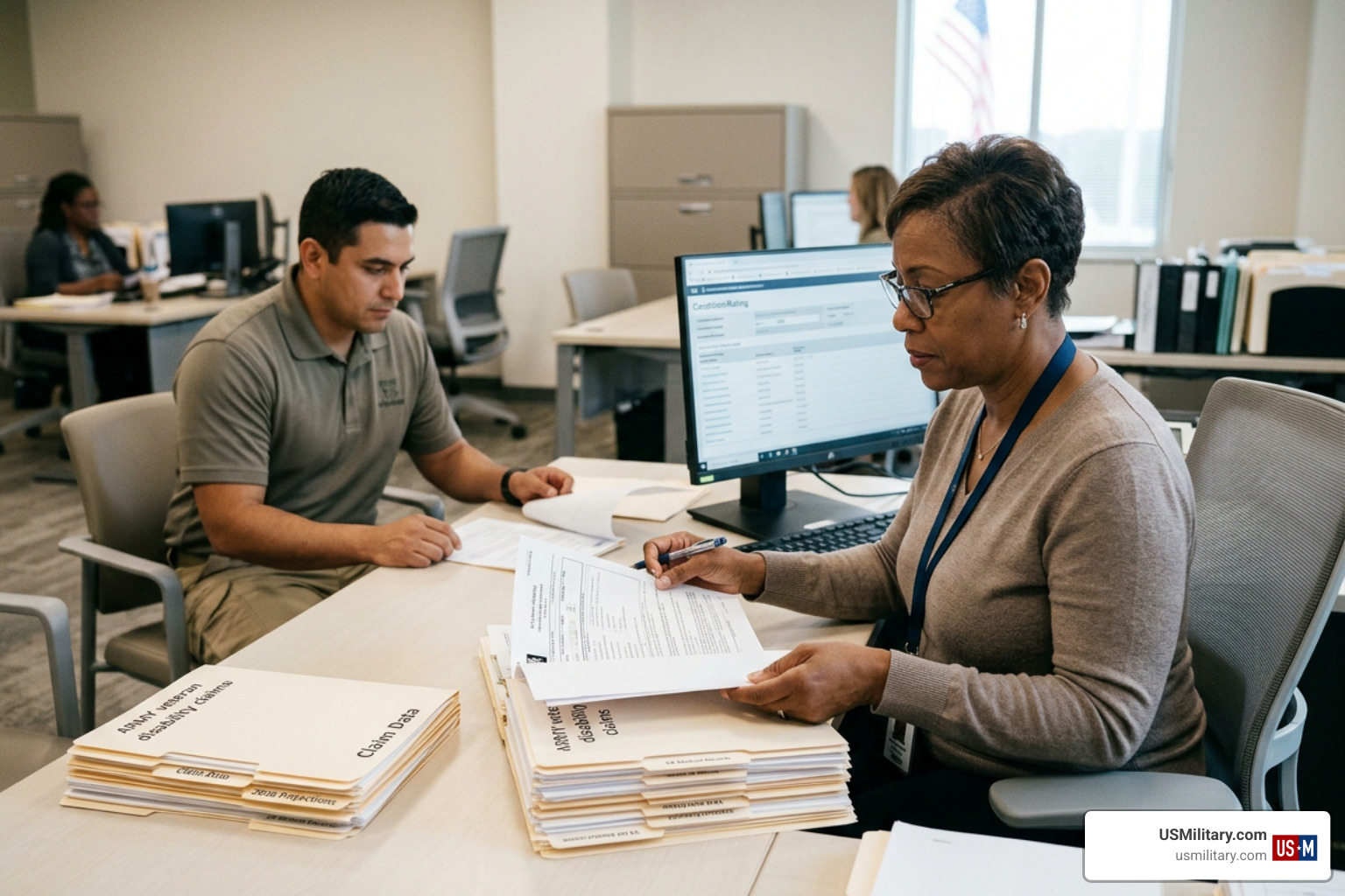 Army veteran consulting with a disability representative Army veteran consulting with a disability representative