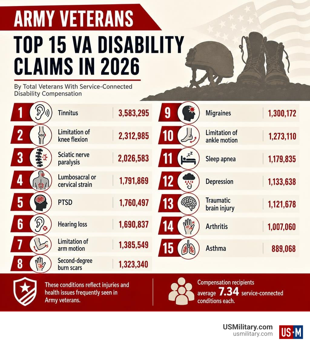 Infographic showing the leading VA disability claims and case totals for Army veterans infographic Infographic showing the leading VA disability claims and case totals for Army veterans infographic