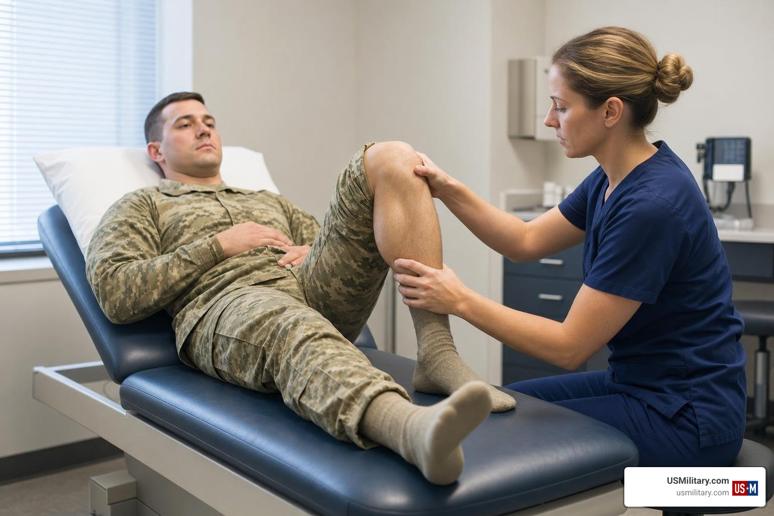 Army soldier undergoing knee range of motion exam Army soldier undergoing knee range of motion exam