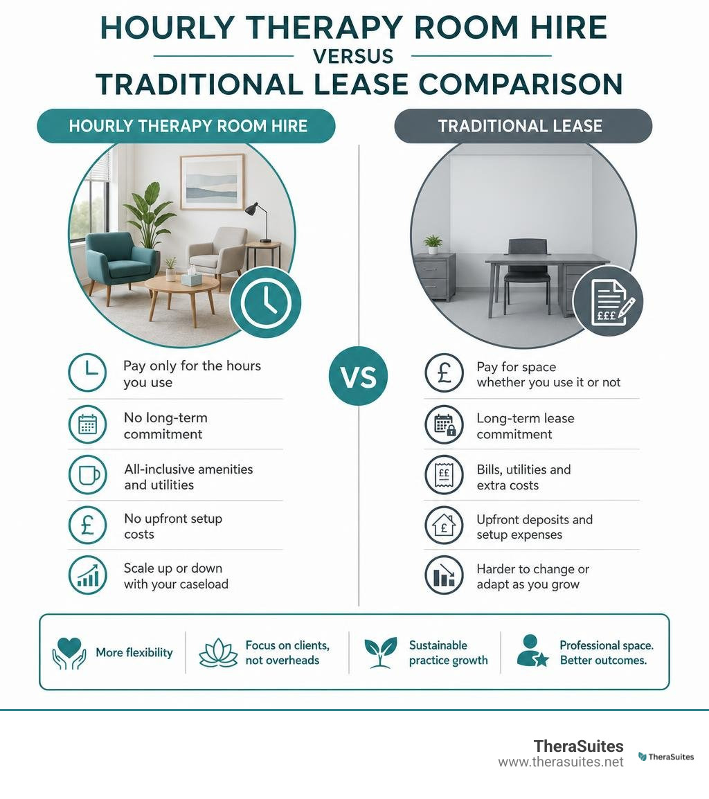 Hourly therapy room hire versus traditional lease comparison infographic