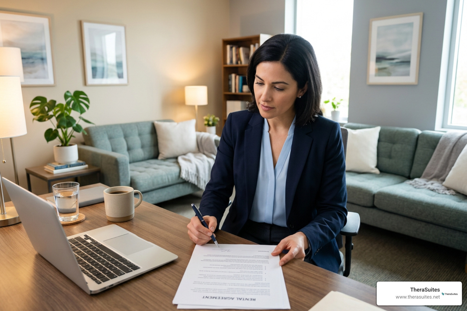 Mental health clinician reviewing a professional therapy office rental agreement