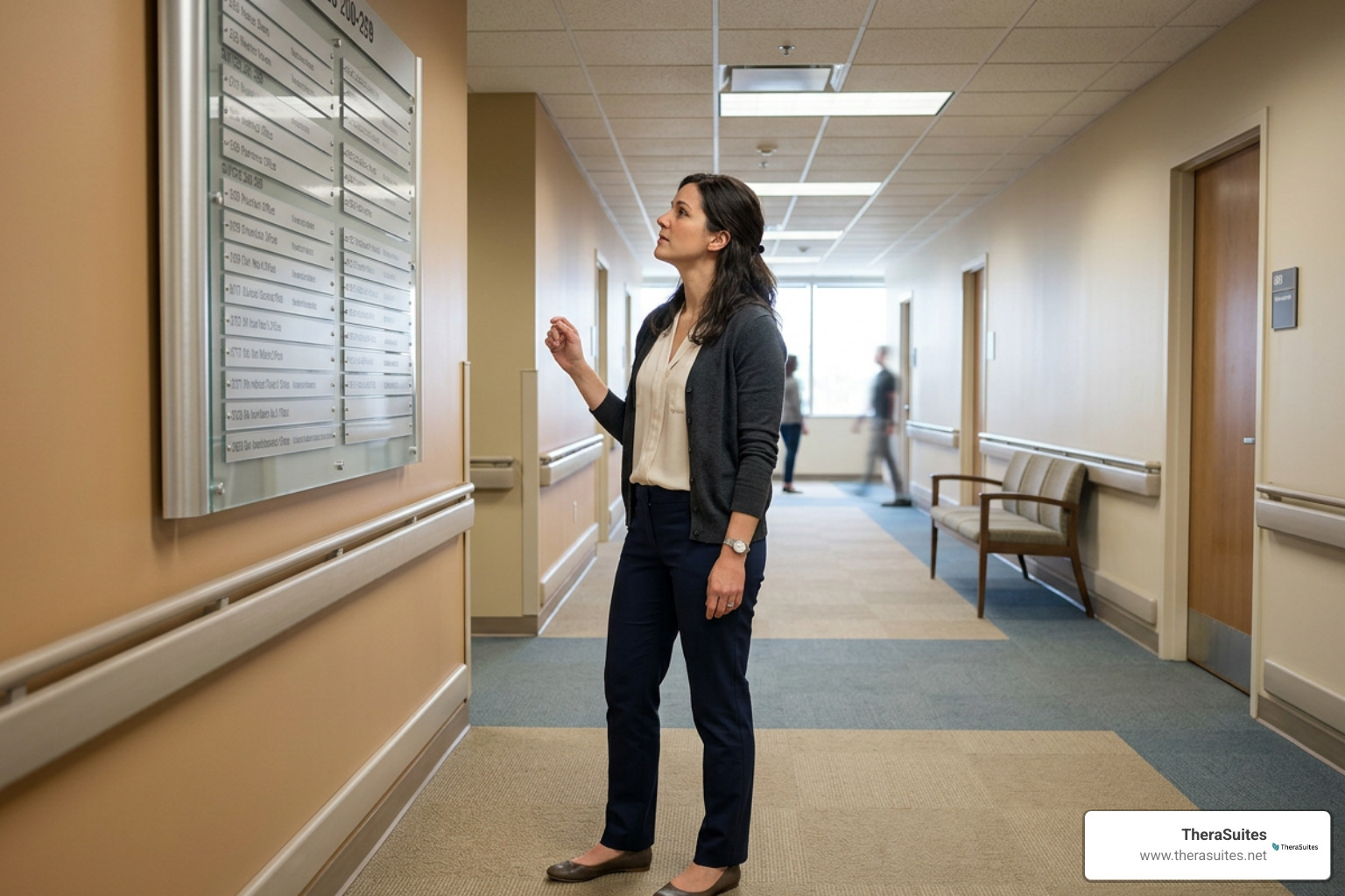 Therapist searching medical building directories for clinical office rentals