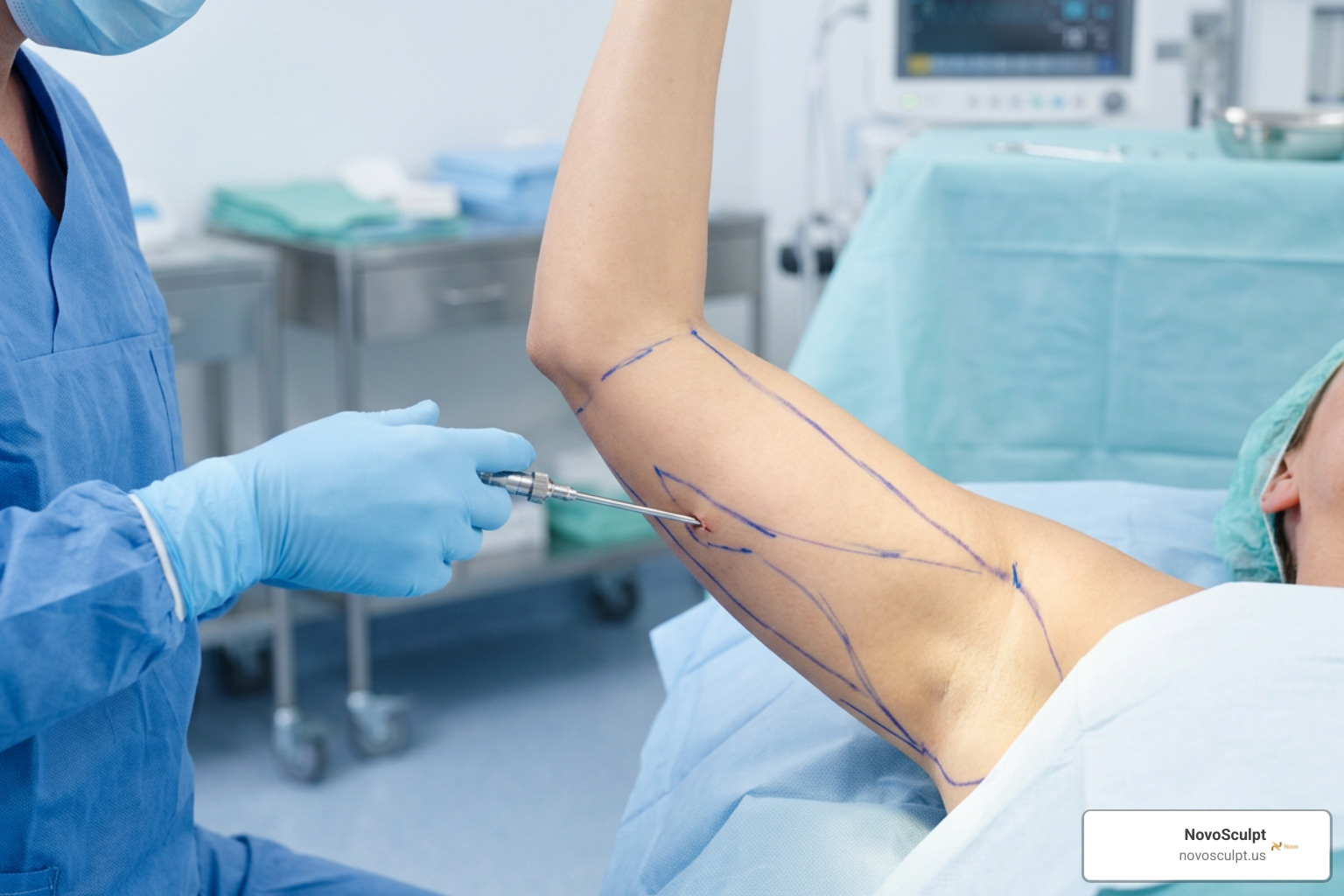 Educational illustration of arm contouring access points and surgical planning Educational illustration of arm contouring access points and surgical planning