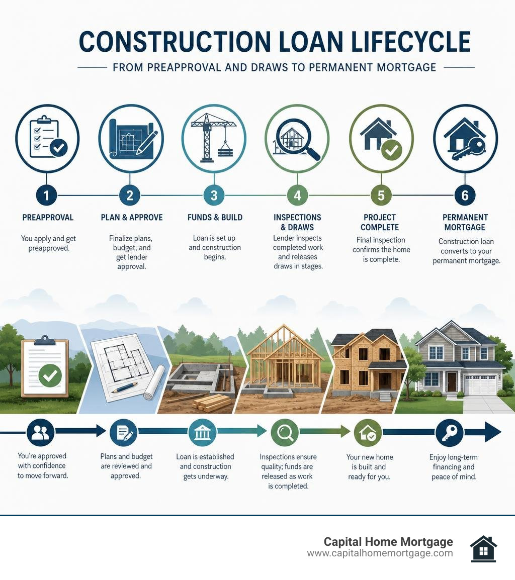Construction loan lifecycle from preapproval and draws to permanent mortgage infographic Construction loan lifecycle from preapproval and draws to permanent mortgage infographic